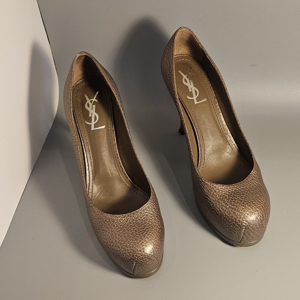 YVES SAINT LAURENT Bronze Leather Tribtoo Platform Pumps Italy dust bag SZ 10 - Picture 2 of 10